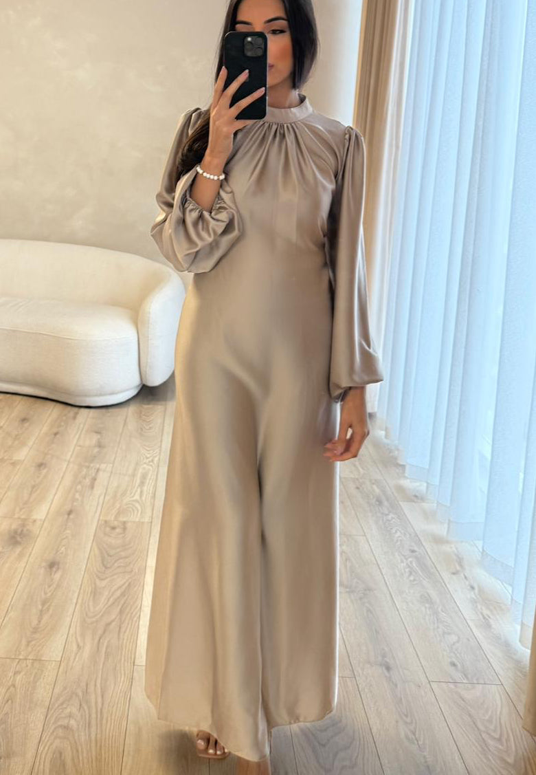 Sara Taupe Puff Sleeve Dress